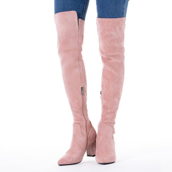 Women Pink/3 Inch Heel Faux Suede Over The Knee Thigh High Low Block Heel Boot - Picture 4 of 6